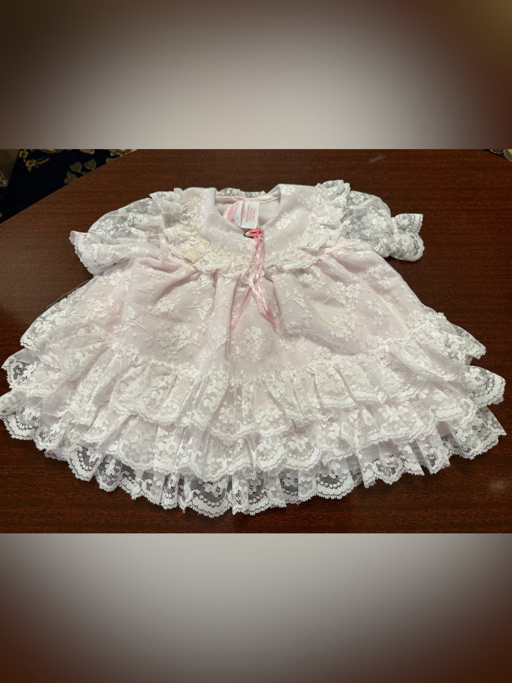 Vintage Allison Ann Delicate White & Pale Pink Lace Baby Dress